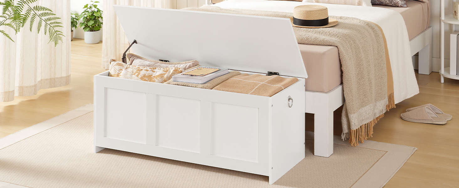 HOOBRO Лавка з ящиком для іграшок, 100 см, білий та натуральний колір дерева, з безпечним шарніром, для дому