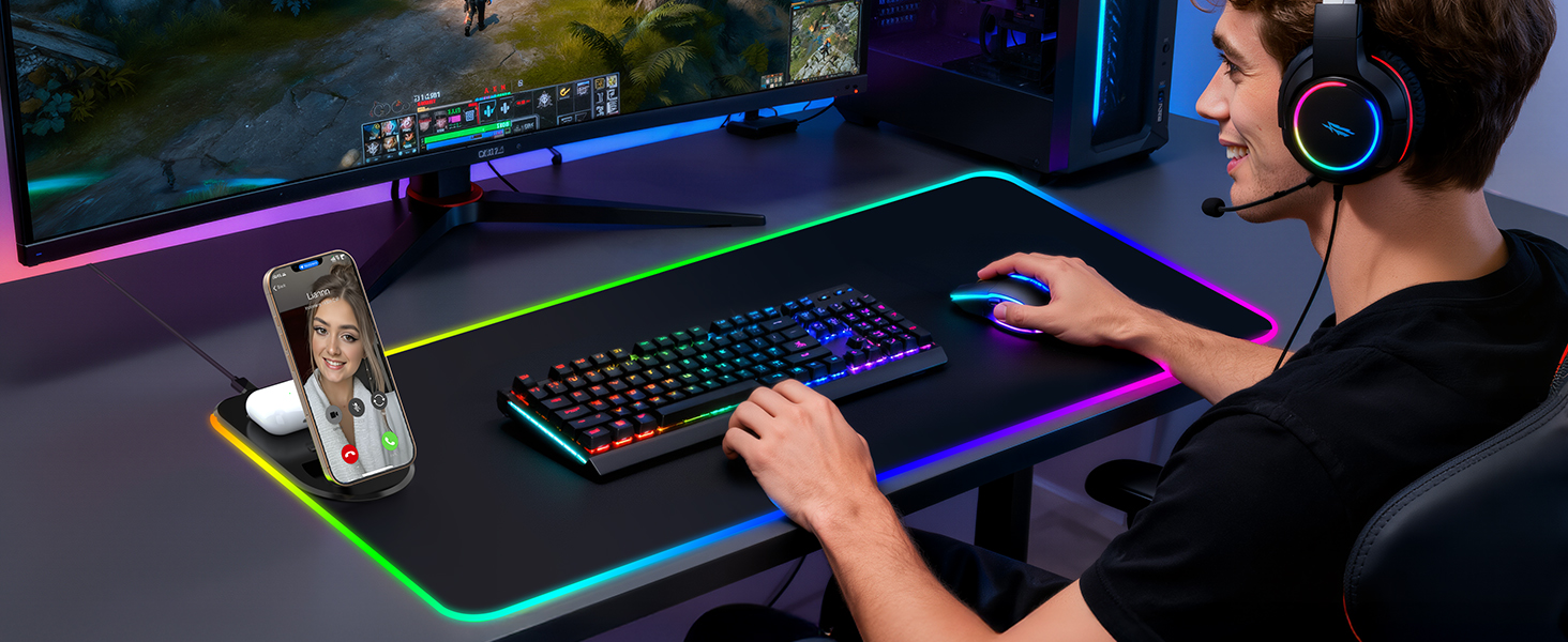 RGB ігровий килимок для миші з бездротовою зарядкою Qi 15W, LED підсвічуванням, 10 режимів, водонепроникний, протиковзкий, для геймінгу, офісу та дому (чорний)