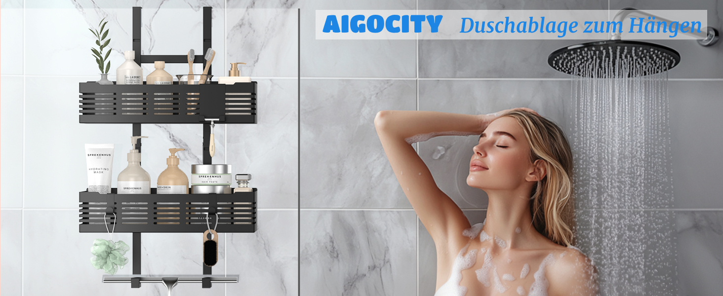 Настінна поличка для душу без свердління, чорна, для скляних душових кабін, регульована висота, 3 гачки для шампуню та гелю для душу