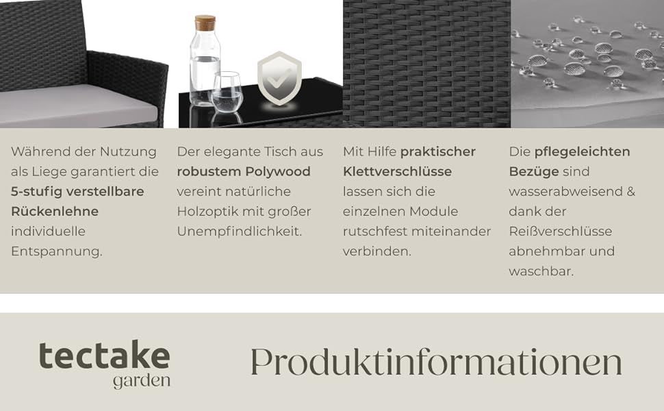 Набір садово-розплідницьких меблів tectake® з ротангу: банкетка, 2 крісла, столик, подушки, чорний колір. Меблі для балкона, тераси, саду.