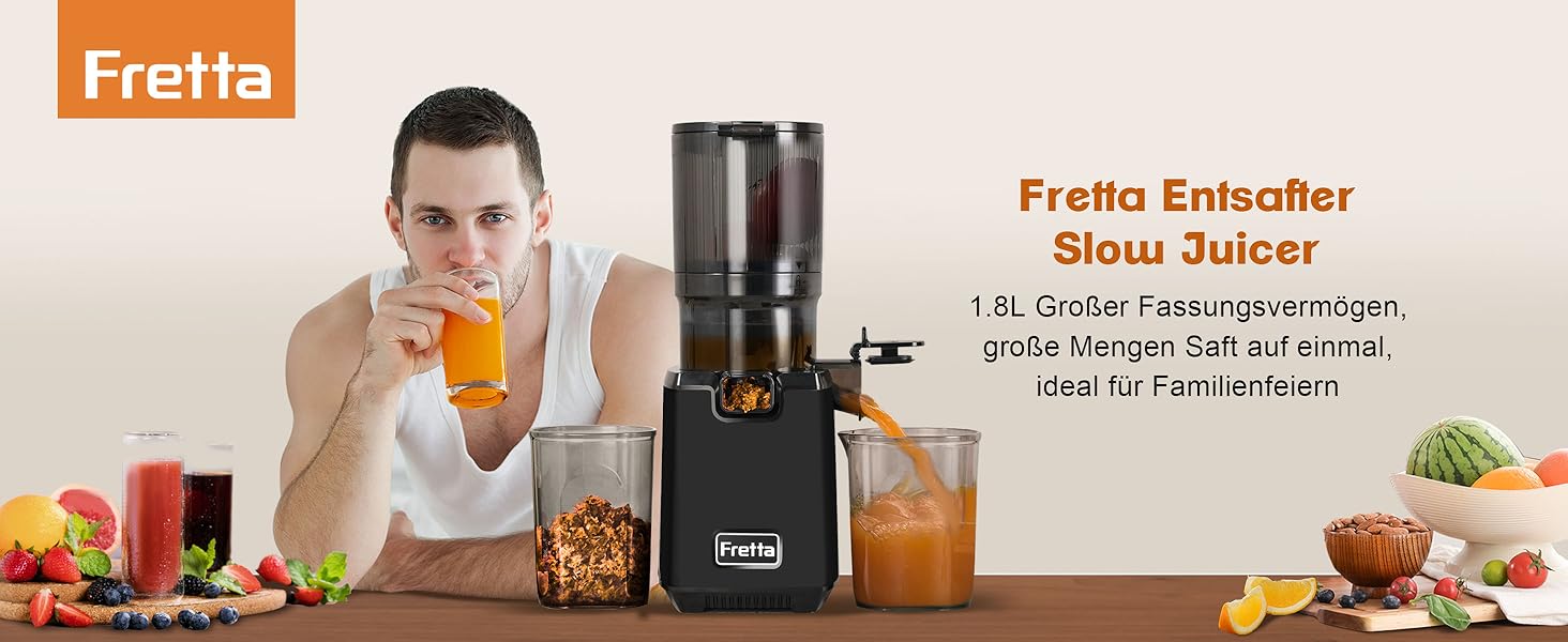 Фреш-прес Fretta Slow Juicer: Швидкий та Зручний Електричний Соковитискач для Овочів та Фруктів (1.8л, 250W, Чорний)