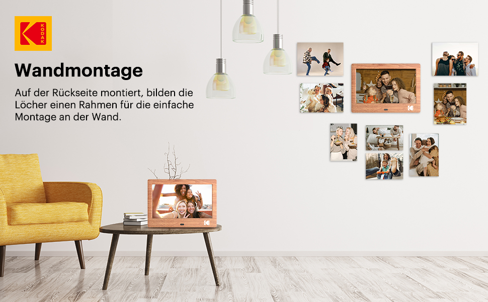 Цифровий фотоальбом Kodak 7 дюймів з IPS екраном, підтримка USB/SD, відтворення фото/музики/відео, календар, будильник, з пультом керування (дерево)