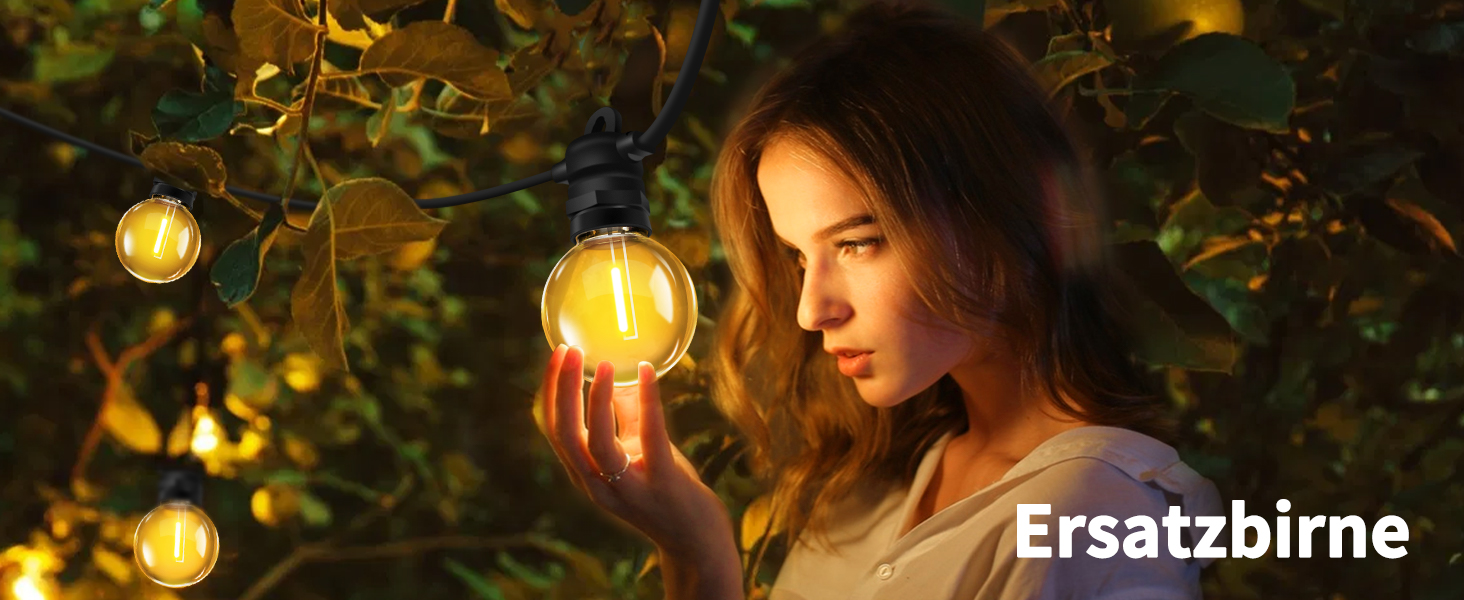 Ланцюжок прикрас для зовнішнього використання, 10м, G40 лампочки. Водостійкий (IP68), диммування, з пультом ДУ. Ідеально для балкона, павільйону, саду, тераси, вечірки, весілля.