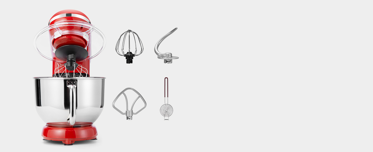 Кухонна машина VIVOHOME 5.7L: потужний міксер з 10 швидкостями, функцією імпульсу та набором насадок (червоний)