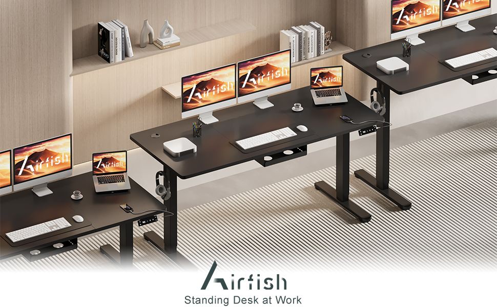 Електричний регульований стіл Airfish з USB-C зарядкою, керуванням кабелів та 3 рівнями пам'яті (білий, чорний), 180 x 80 см