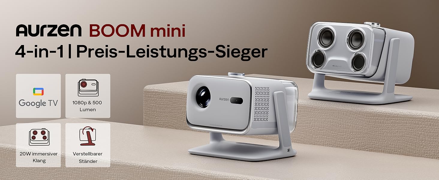 Aurzen Boom Mini 4-в-1 Smart Beamer з Google TV, 4K, проєктор для дому та на вулицю, 20W Dolby Audio, 500 ANSI, автофокус ToF, корекція трапеції, Wi-Fi/Bluetooth, сумісність з мобільним телефоном (сірий)