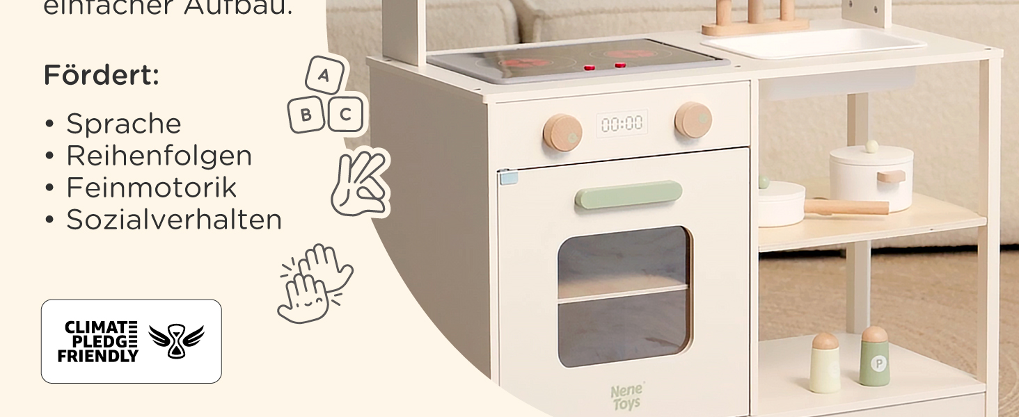 Дерев'яна дитяча кухня Nene Toys – іграшковий кухонний набір з підсвіткою та звуком, мийка, кран, мікрохвильова піч, духовка, полиці, гачки + аксесуари – іграшка Монтессорі від 3 років – подарунок для дівчаток та хлопчиків