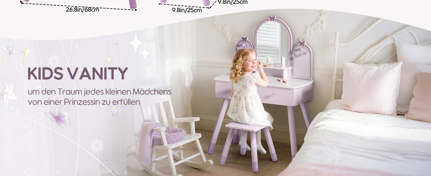 Дитячий туалетний столик ROBUD з дзеркалом, пуфом, шухлядами та аксесуарами (ігровий набір)