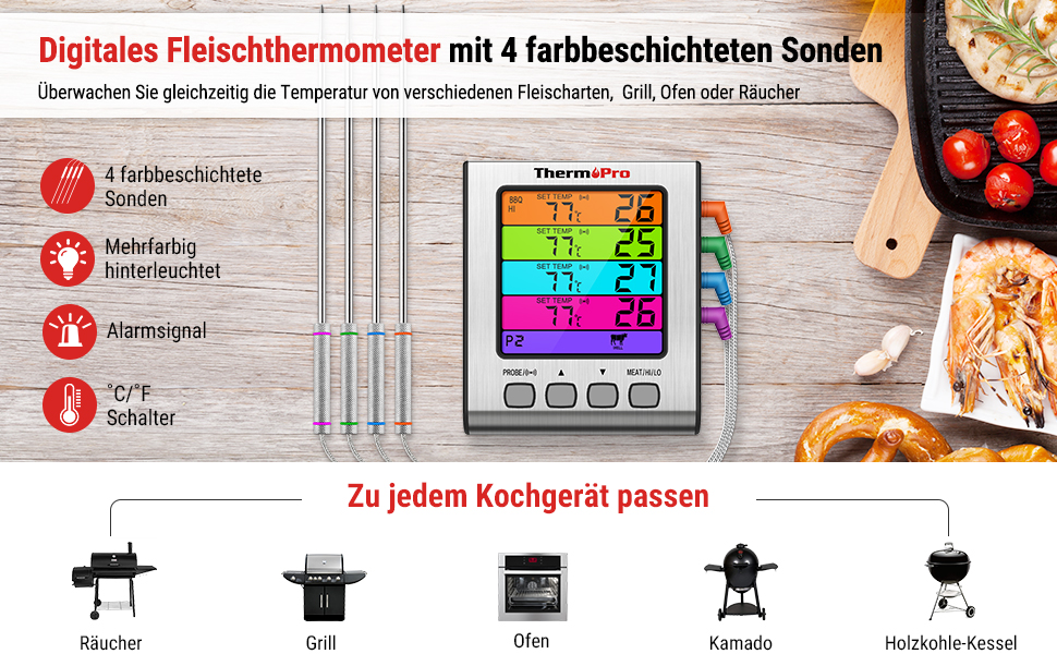 Термометр для гриля чотрирьохканальний ThermoPro з нержавіючої сталі