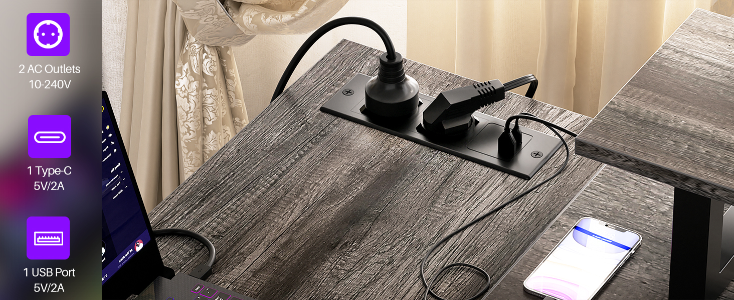 Кутовий ігровий стіл L-подібний з LED-підсвіткою та розетками, комп'ютерний стіл з полицями, обертовий, з підставкою для монітора, 120 x 70 см, дуб Грау Ейх