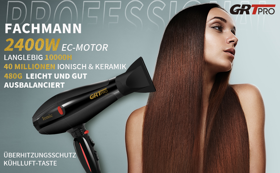 Професійний фен для волосся Ion Professional Hair Фен 2400 Вт з дифузором 40 мільйонів негативних іонів, 3 режими нагріву, 2 швидкості для перукарні вдома, швидке сушіння, блискучий, гладкий, чорний