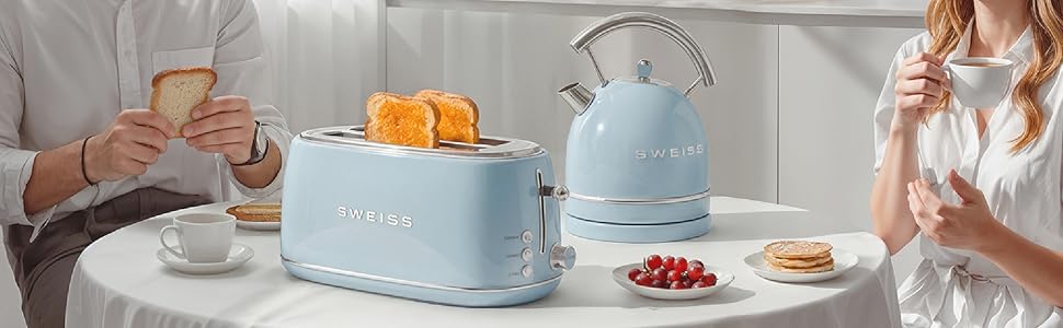 Тостер SWEISS Vintage GRV7 блакитний, 2 відділення, нержавіюча сталь, 6 режимів підсмажування, для багетів, розморожування, 1500 Вт