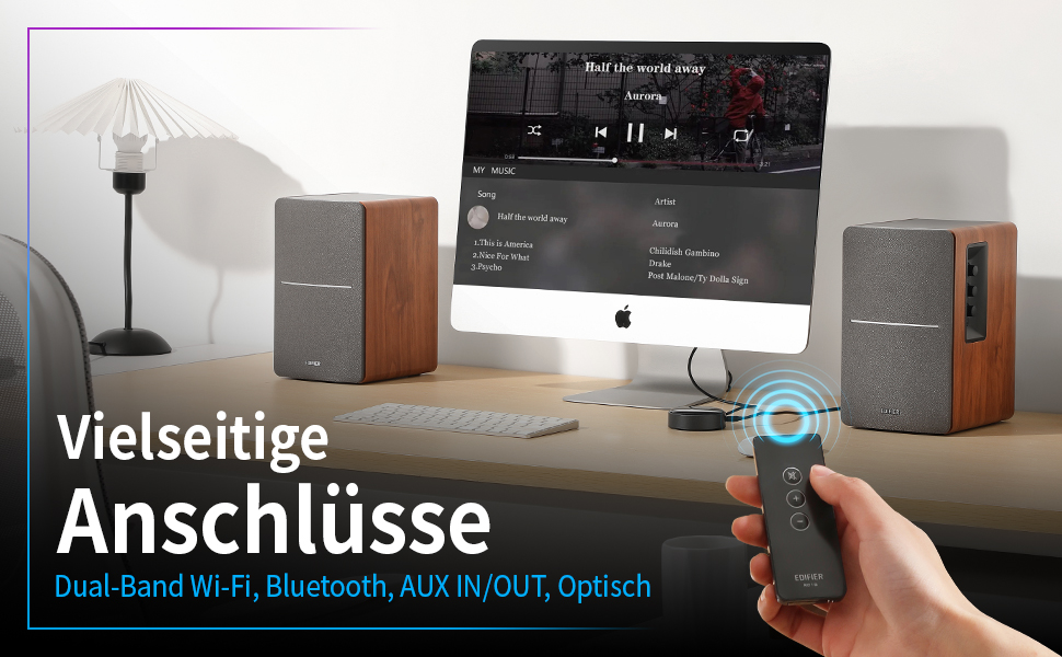 Активні WiFi-колонки Edifier R1280T+WiiM Mini, 42 Вт, Multiroom, Bluetooth, Hi-Res Audio 24Bit/96kHz, DSP, оптичний вхід, пульт, дерево