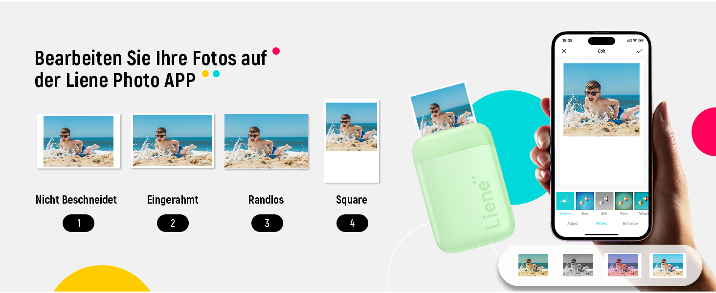 Портативний фотодрук Liene Pearl K100: друк зі смартфона, 50 шт. Zink-паперу, Bluetooth 5.0, сумісний з iOS/Android, для iPhone (зелений)