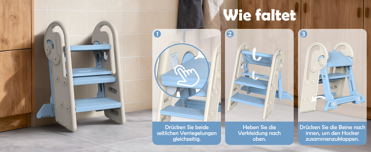 Дитячий підсвічник Onasti Tritthocker: регульована висота, 3 сходинки, з ручками, складний, антиковзний, для кухні, ванної, туалету (сірий, сіро-білий, блакитний)