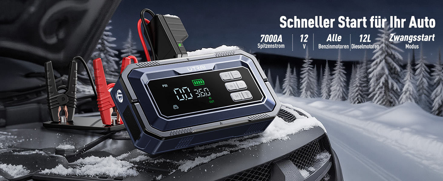 Powerbank-пусковий пристрій UTRAI 7000A з компресором та OBD-сканером. 2000 люмен LED, 160W DC, для бензинових та дизельних авто