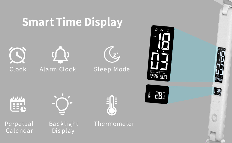Світлодіодна настільна лампа з бездротовою зарядкою, з можливістю затемнення, USB, годинник, кольоровий нічник, РК-дисплей, температура (білий)