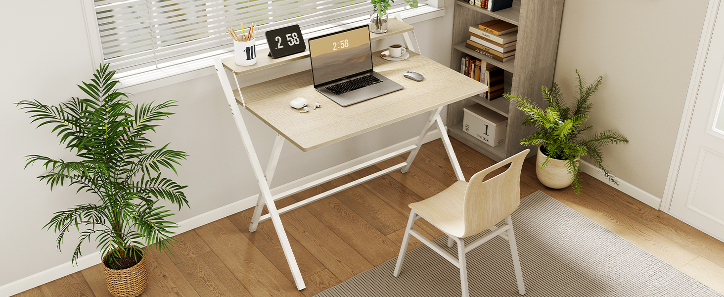 Злагоджений стіл Yaheetech Klappbar, 80 см, комп'ютерний стіл з полицею, двоступінчастий робочий стіл з підставкою для монітора, стіл для ноутбука для домашнього офісу/маленьких кімнат/вітальні, білий/80 см Д × 50 см Ш, білий (світлий колір дерева, 106.5x60.5x90 см)