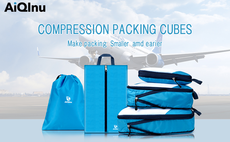 Набір компресійних органайзерів для одягу в подорожі AiQInu, 5 шт. (з мішком для прання та взуття), ультралегкі розширювані пакувальні куби для валізи та ручної поклажі, небесно-блакитний