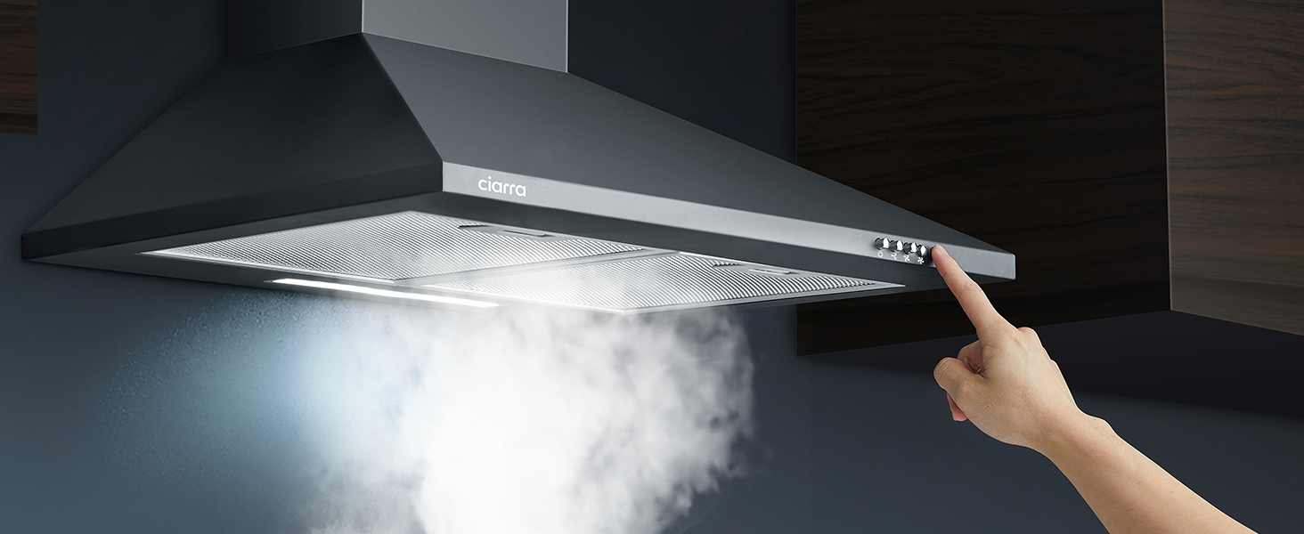 Витяжка кухонна CIARRA CBCB6201 чорна, пірамідальна, 60 см, 404 м³/год, A++, LED-підсвітка, з вугільним фільтром CBCF002X2, режим рециркуляції та відведення