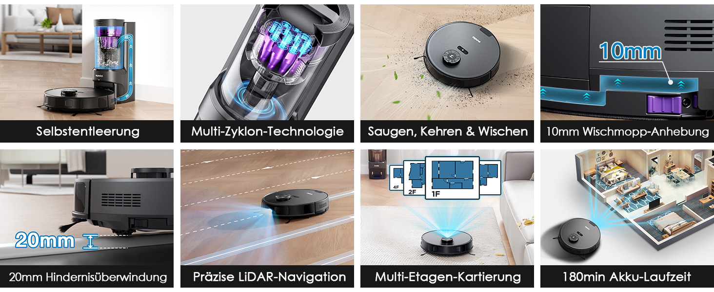 Робот-пилосос EUREKA E10s 2.Gen з вологою ганчіркою + станція самоочищення (4000Pa, LiDAR, автопідйом мопа, розпізнавання килима, керування через додаток/голос), чорний