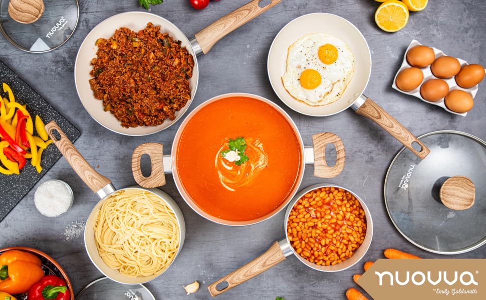 Набір каструль та сковорідок з антипригарним покриттям Nuovva - 8 предметів, кремовий граніт, для індукційних плит