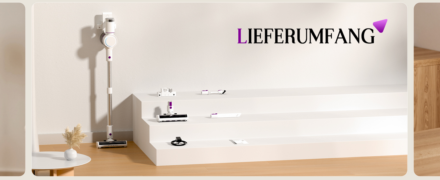 Бездротовий акумуляторний пилосос 45000 Па, 60 хв, 1,75 кг, 6-в-1 з сенсорним екраном, LED-підсвіткою, антизаплутувальною щіткою та зарядною станцією, 7-шарова фільтрація для шерсті тварин, килимів, твердих поверхонь, авто, білий з фіолетовим