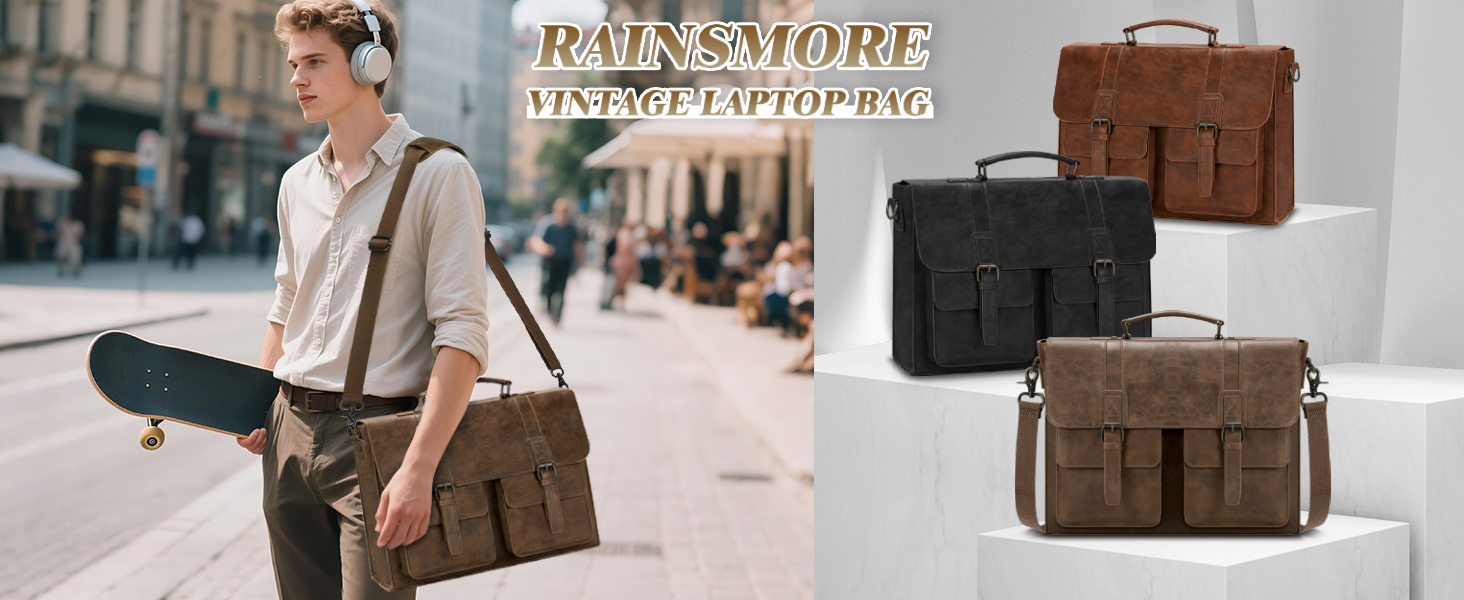Чоловіча сумка-портфель RAINSMORE з екошкіри (PU), водонепроникна сумка для ноутбука 15.6 дюймів, Messenger Bag для бізнесу, офісу та навчання, коричнева