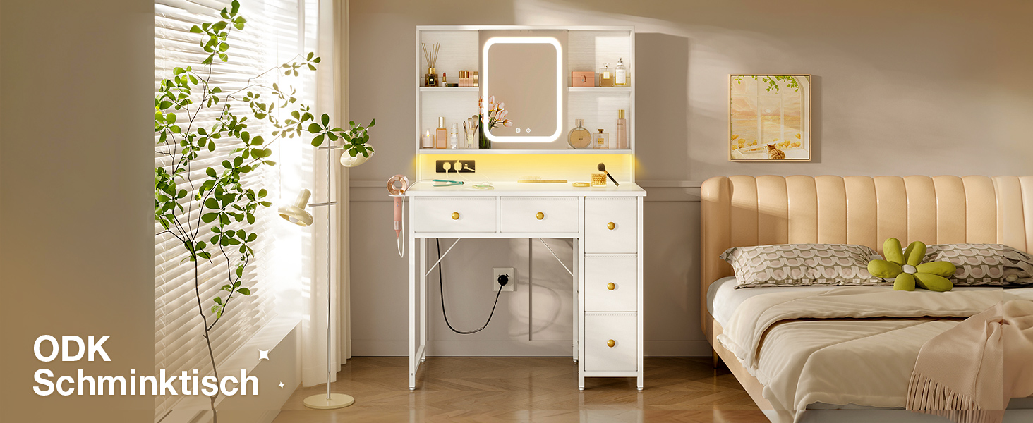 Дзеркальний туалетний столик ODK з регульованим LED-дзеркалом, USB-роз'ємами та RGB-підсвіткою, 5 висувними ящиками та 3 полицями, білий, 90×40×139 см