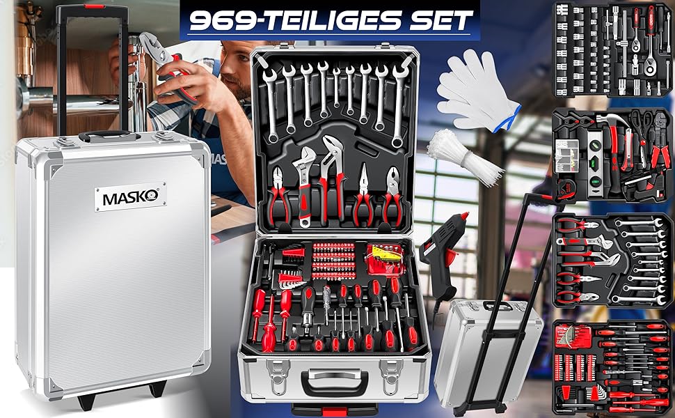 Набір інструментів MASKO 1400 предметів в алюмінієвому кейсі на колесах для дому, авто та хобі | Професійний інструментальний візок