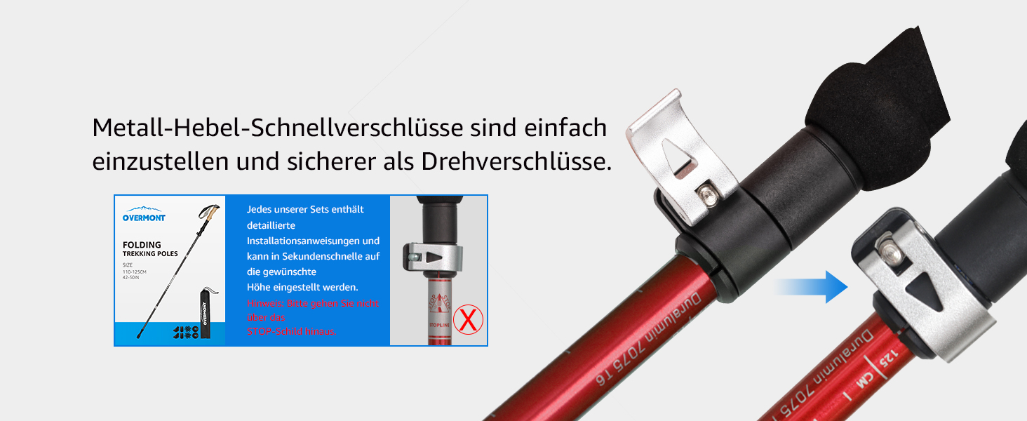 Туристичні палиці Overmont Карбон, надлегкі складні регульовані 105-125 см трекінгові палиці Палиці для скандинавської ходьби 1 пара з усіма аксесуарами для місцевості (7075 алюмінієвий, червоний)