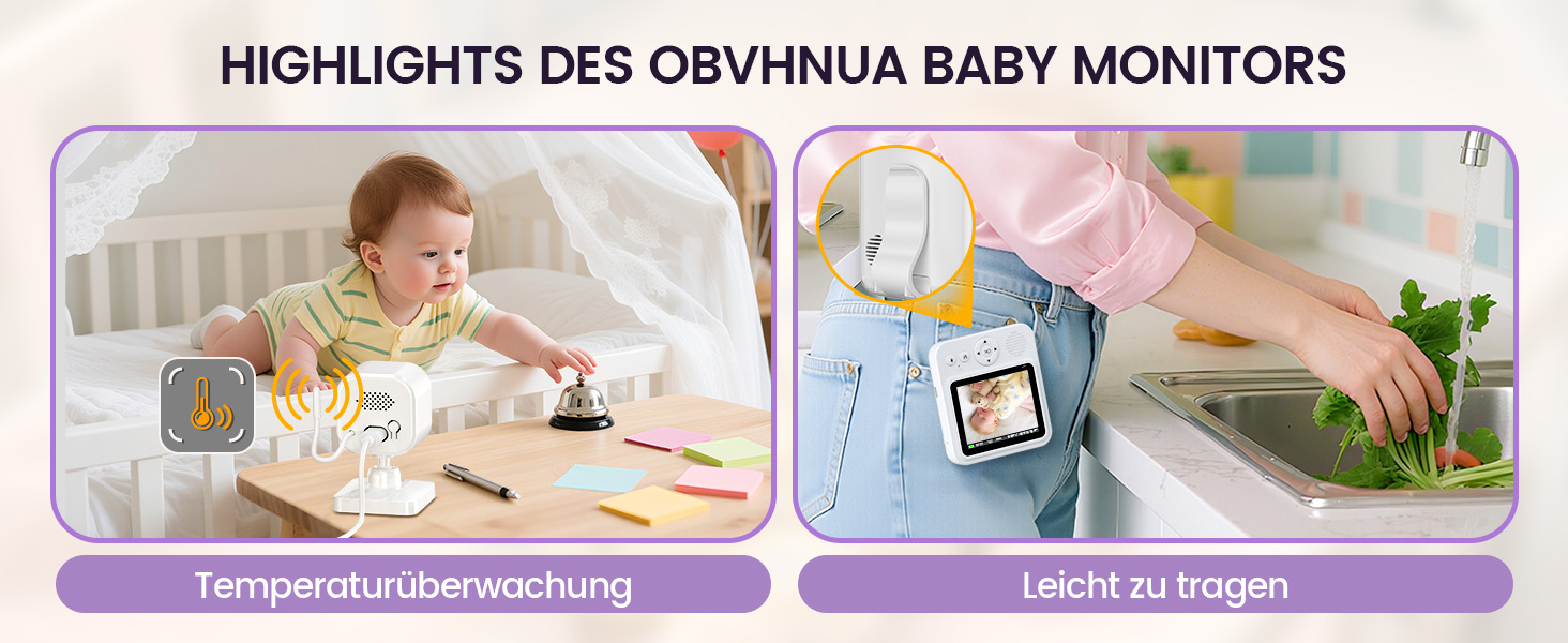 Радіоняня з камерою OBVHNUA 720P IPS: відеоняня без Wi-Fi, акумулятор 2000mAh, нічна зйомка, датчик температури, двосторонній зв'язок, колискові, режим VOX, екран 2.8