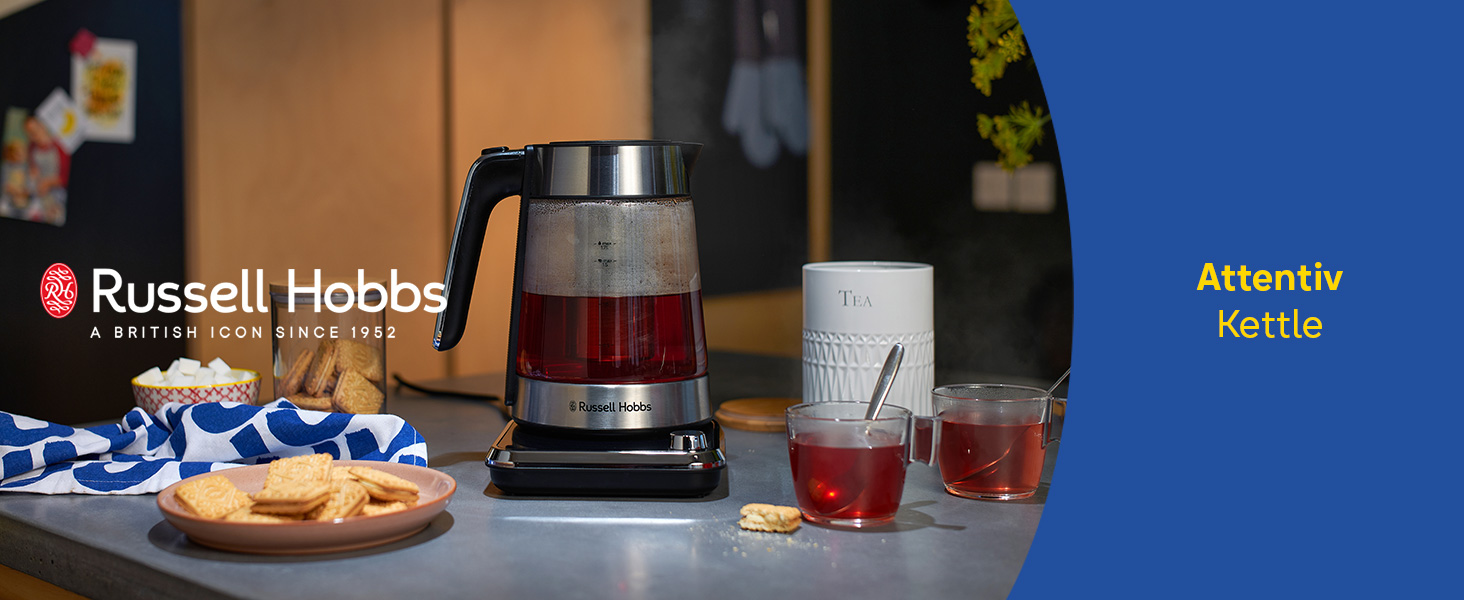 Скляний електрочайник Russell Hobbs Attentiv 26200-70 з регулюванням температури (40-100°C), ситом для чаю, цифровим керуванням та функцією підігріву, 1.7л, 2400Вт, нержавіюча сталь
