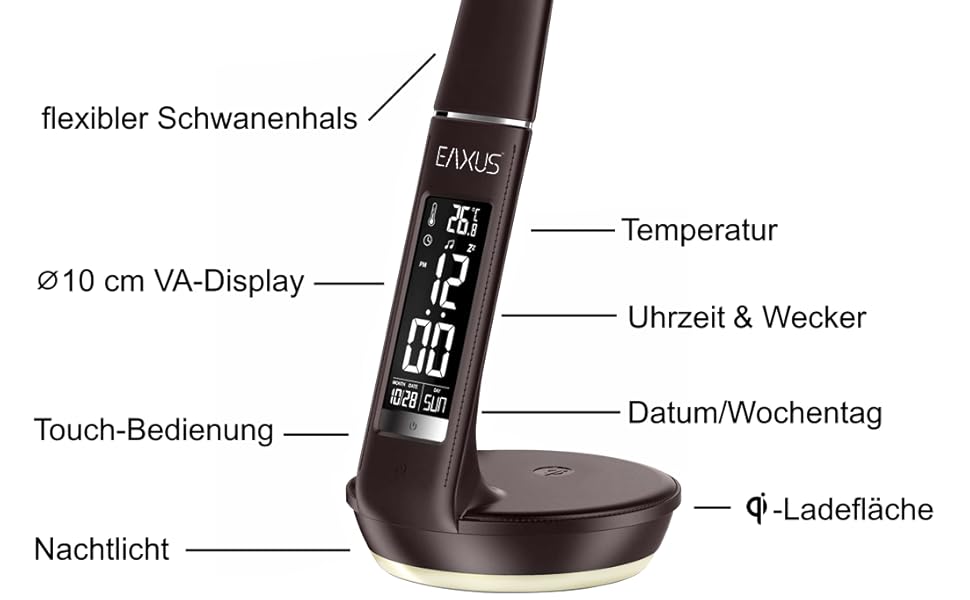 Світлодіодна настільна лампа Eaxus - сенсорний, зарядка Qi, дисплей, годинник і термометр