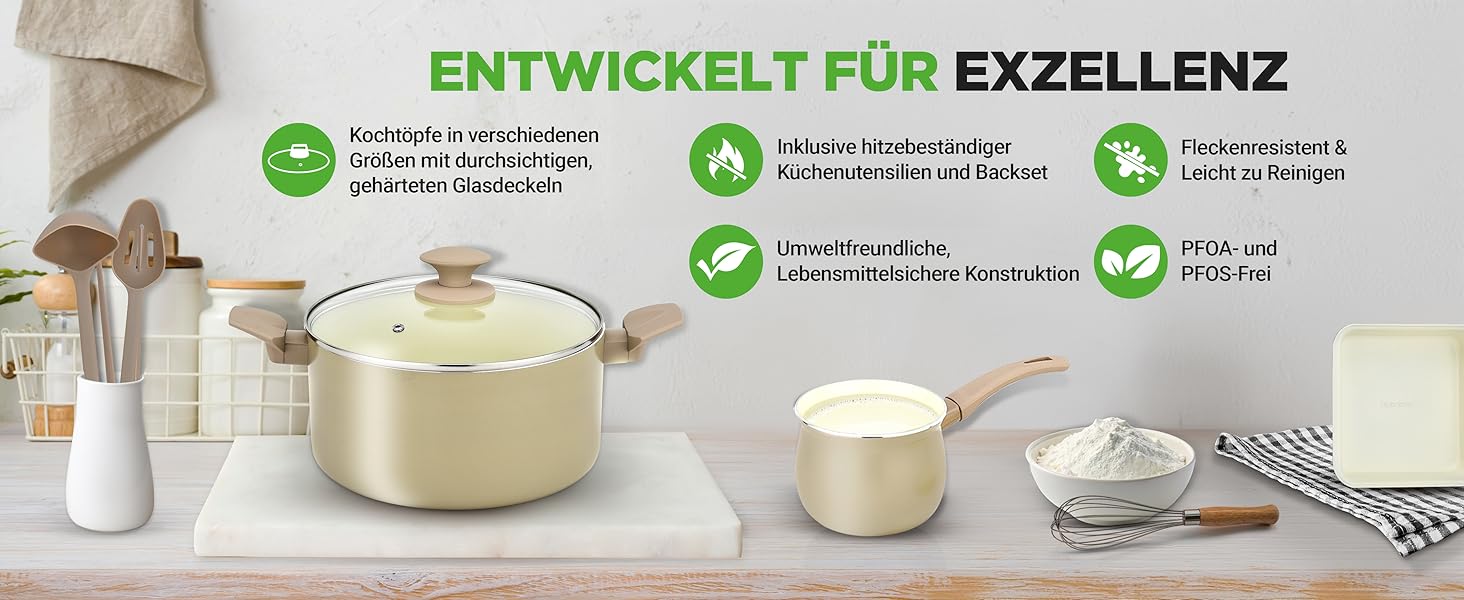Набір посуду NutriChef 54 шт. – сковороди, каструлі, кухонні аксесуари талового кольору. З ножами, формами для випічки та аксесуарами. Підходить для індукційних, газових та електричних плит. Здорове та дієтичне приготування їжі