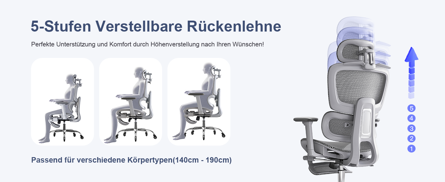 Ергономічне крісло для офісу з підніжкою та подушкою для шиї, 5-рівневе регулювання спинки, 2D підтримка попереку, 3D підлокітники/підголівник, функція нахилу 145°, сітчасте сидіння, гумові колеса (Сірий, Pro)