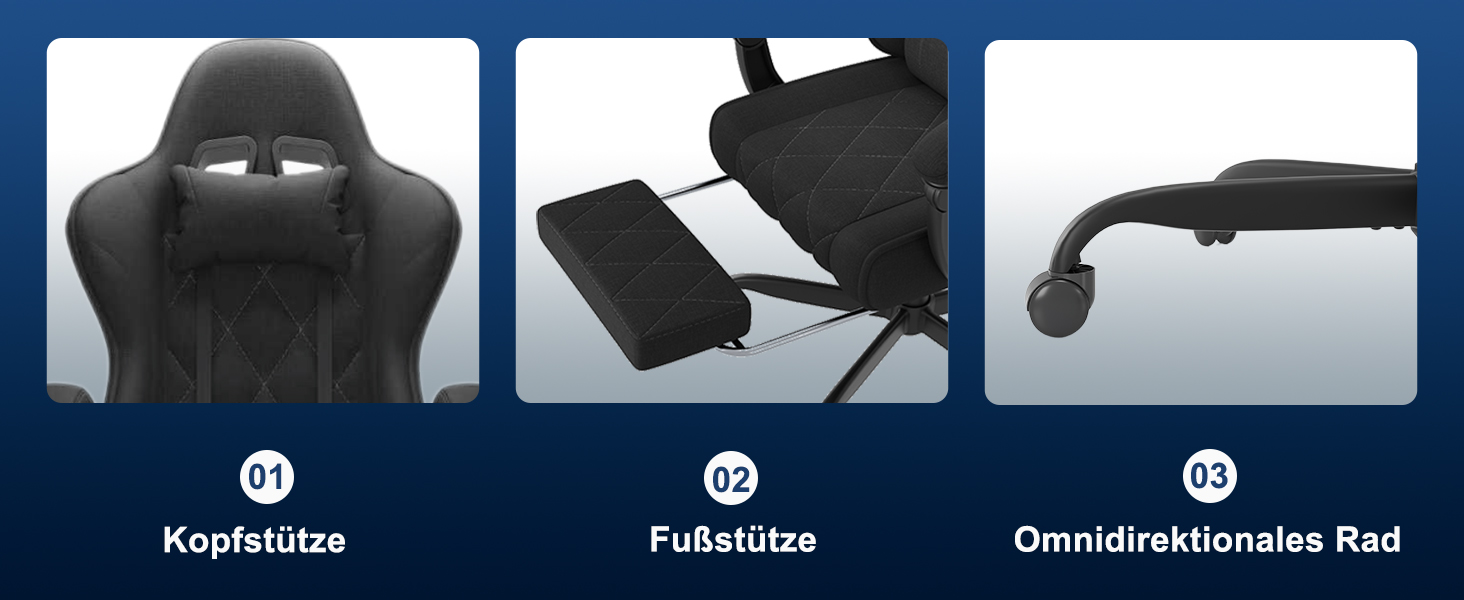 Ігровий крісло JUMMICO з тканини та підлокітниками з піною, ергономічний офісний крісло з масажером. Крісло має підголівник, підставку для ніг, регулювання висоти. Максимальне навантаження: 150 кг, чорний колір