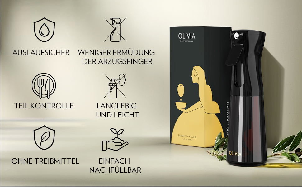 Скляний розпилювач для оливкової олії FLAIROSOL OLIVIA, 200 мл — дозатор для кухні з контролем порцій для фритюрниці, салатів та гриля (чорна пляшка)