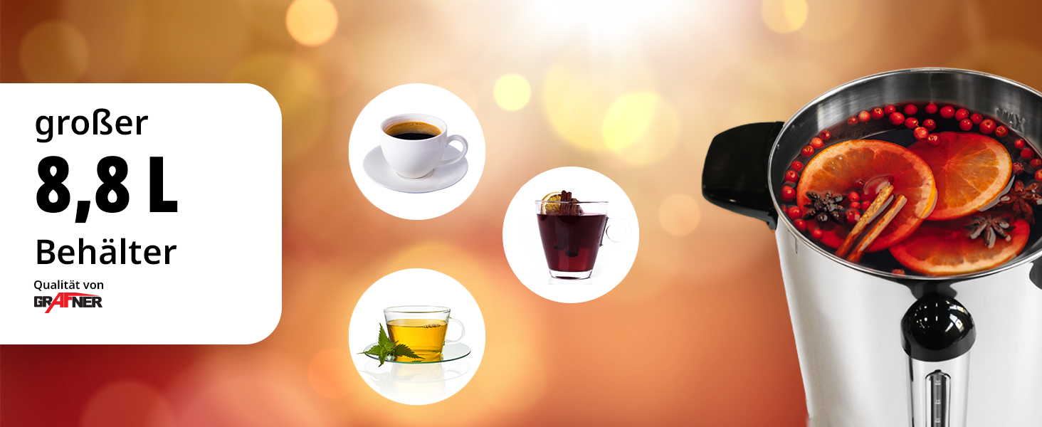 Електричний диспенсер для глінтвейну Grafner XL з нержавіючої сталі, 8,8 л, 1500 Вт, з краном, термостатом та захистом від перегріву