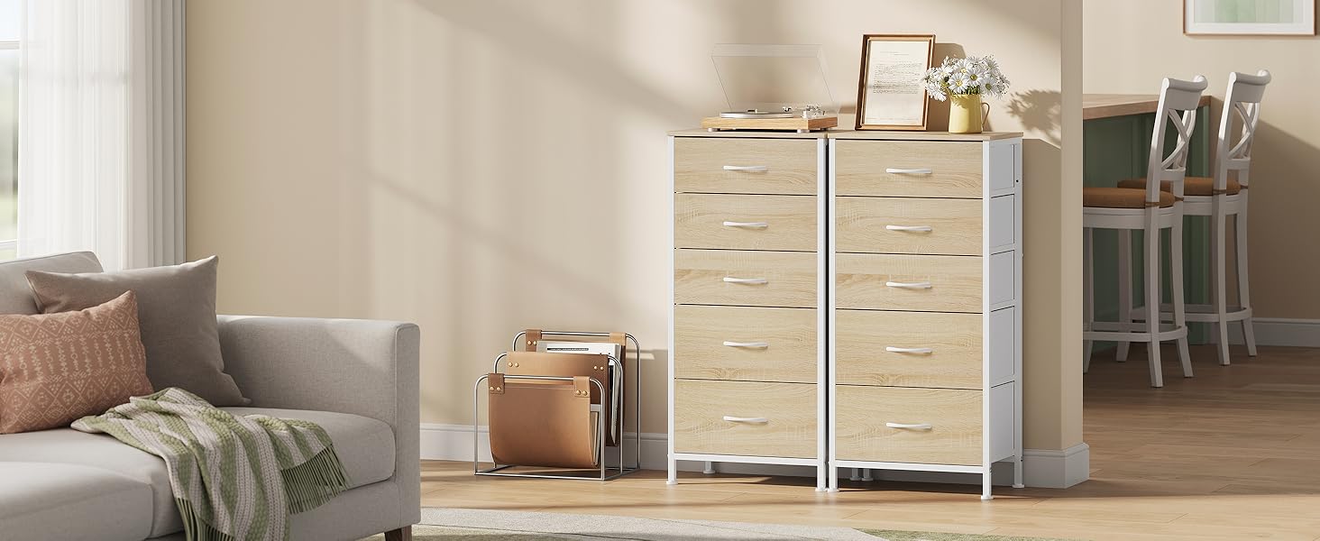 Комод WOLTU з 5 висувними ящиками з тканини, шафа-комод, тумбочка, для спальні, вітальні, передпокою, з металевим каркасом та ДСП, світлий дуб + білий, SSK004whe