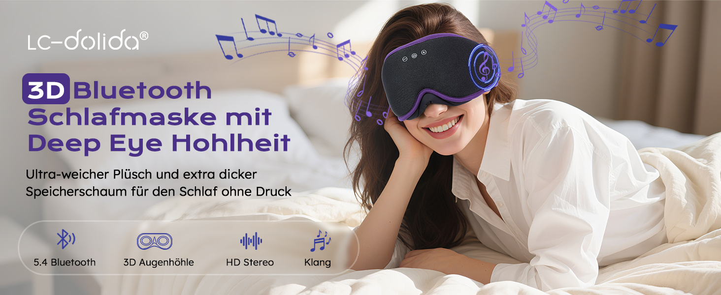 Маска для сну 3D Bluetooth з навушниками LC-Dolida для жінок та чоловіків, повна світлоблокада, комфорт на всю ніч. М'які навушники для сну під час подорожей, в ліжко (фіолетова)