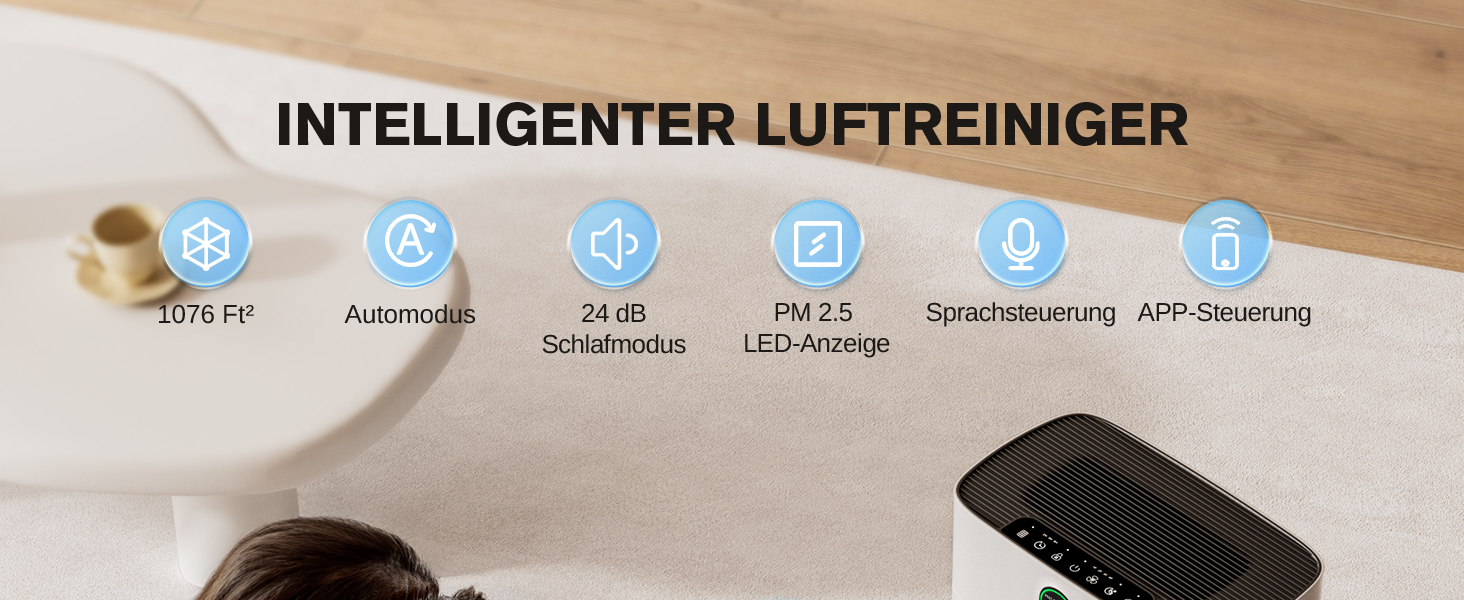 Повітряний очисник Smart для великих приміщень, для алергіків з HEPA фільтром, CADR 300 м³/год, зворотний зв'язок про якість повітря, автоматичний режим, 24 дБ, таймер, білий