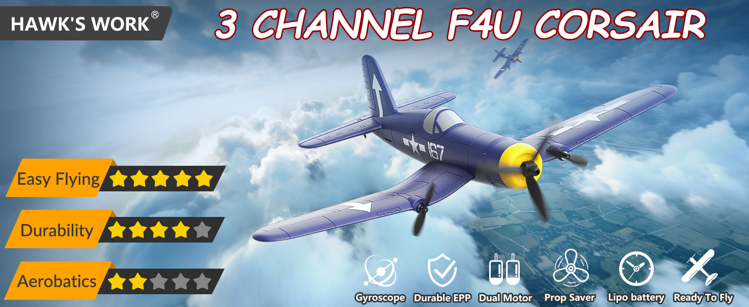 RC літак HAWK'S WORK F4U Corsair 2.4GHz – радіокерований літак-винищувач для дітей та початківців, готовий до польоту з гіростабілізатором