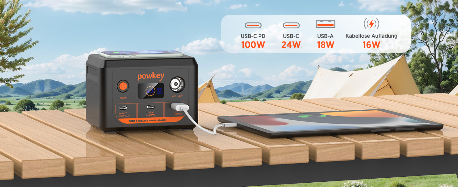 Портативна електростанція POWKEY 30000mAh з LiFePO4 акумулятором, 100W USB-C, LED-ліхтар для ноутбуків, iPhone, MacBook, Samsung та інших пристроїв