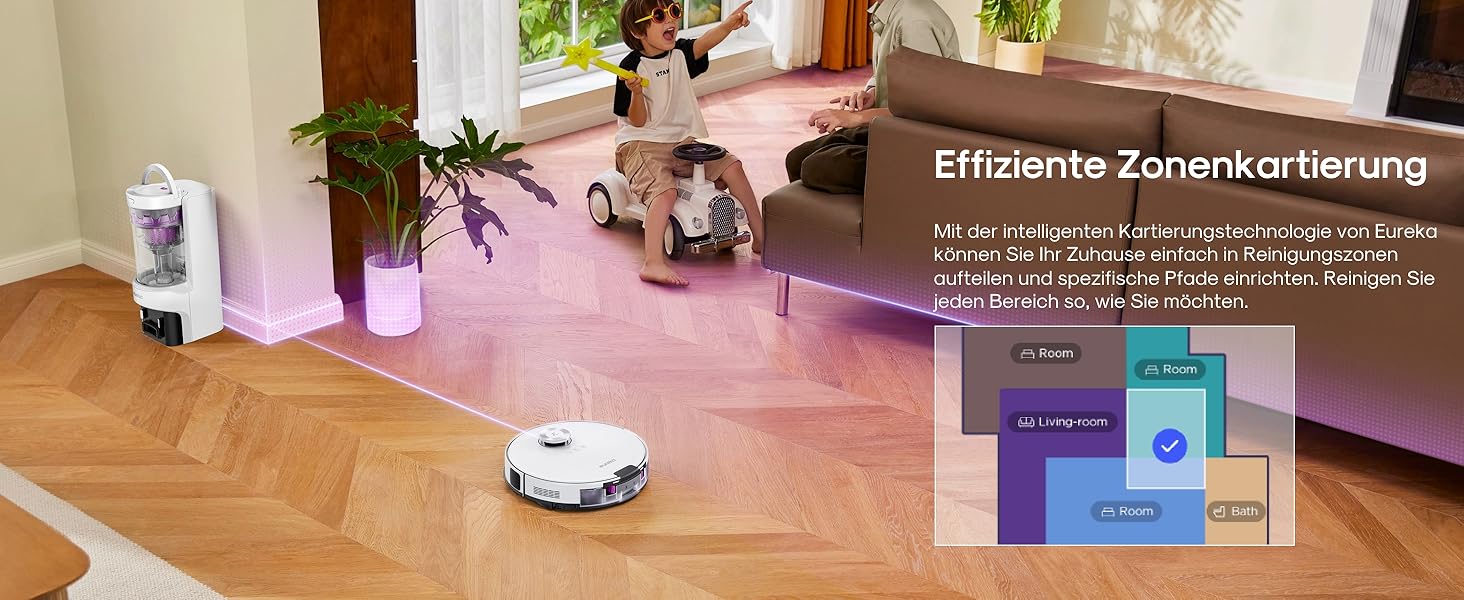 Робот-пилосос Eureka E20 Plus з потужністю 8000 Па, самостійною станцією очищення, функцією запобігання заплутування, 3D уникнення перешкод, 180 хвилин роботи, DuoDetect AI, білий