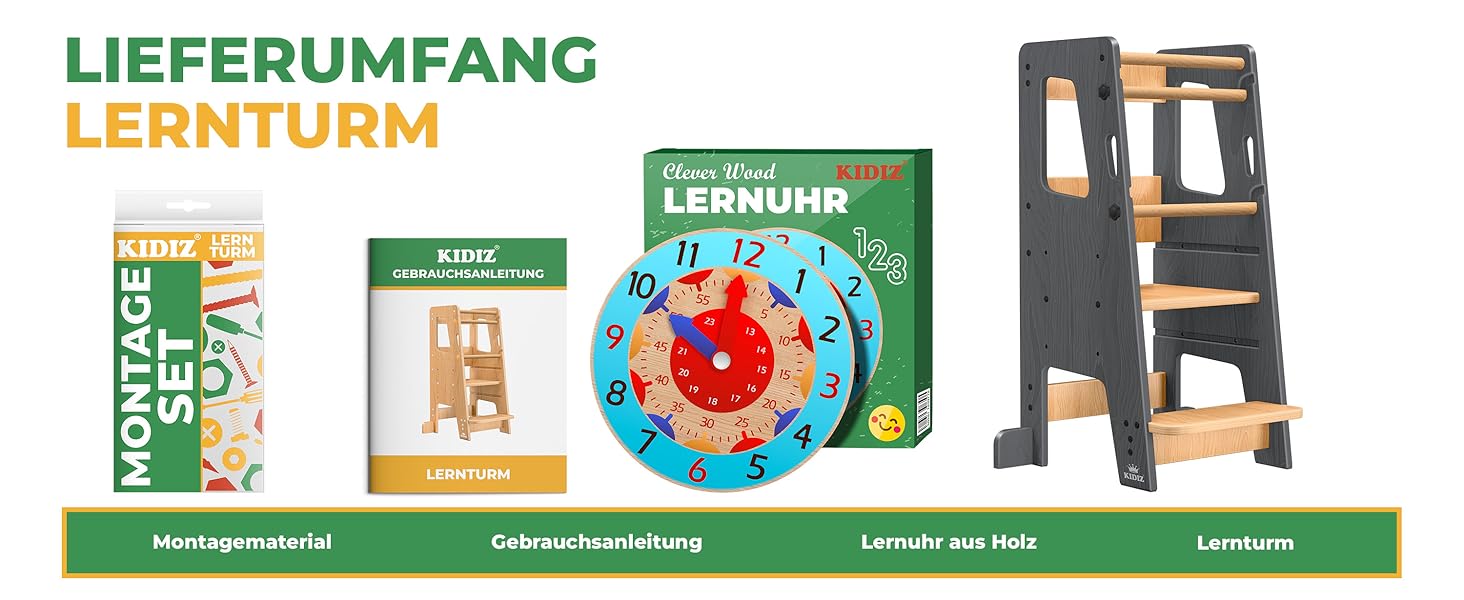 КІДІЗ® навчальний стільчик для дітей від 1 року | 3-ступеневий регульований по висоті | з навчальним годинником | дерев'яний (сосна) | розвиває моторику | Montessori Learning Tower | до 50 кг | антрацит & сосна