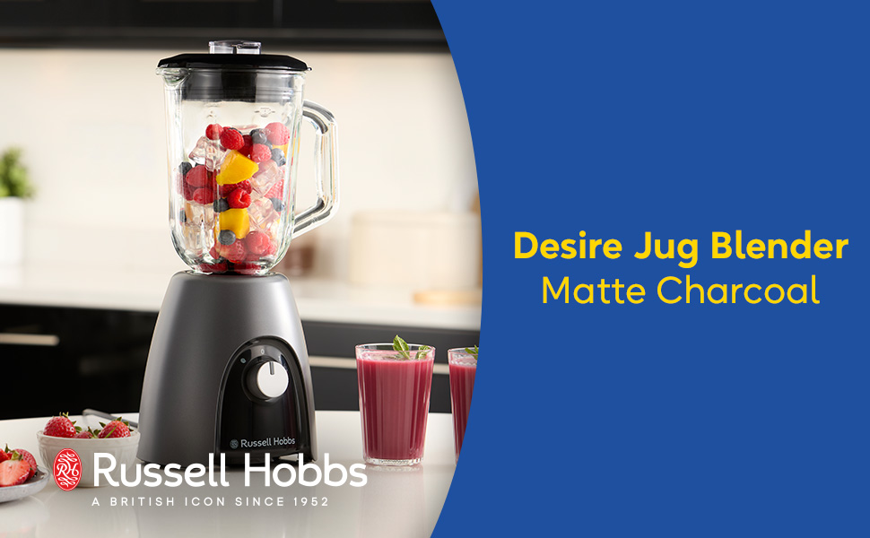 Стаціонарний блендер Russell Hobbs Smoothie Maker 27121-56, скляна чаша 1.5л, 850 Вт, 2 швидкості та імпульсний режим, Matte Charcoal