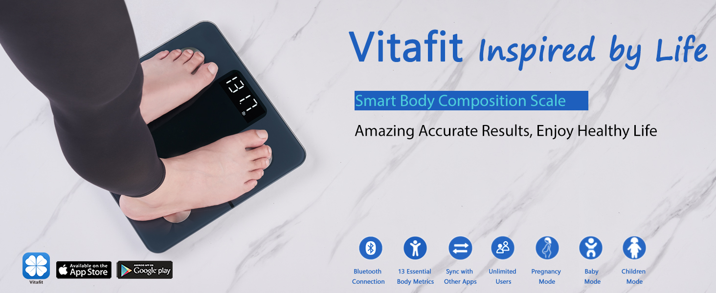 Ваги жиру в організмі Vitafit з додатком, Bluetooth, 180 кг, аналіз організму на жир, ІМТ, м'язи, чорний