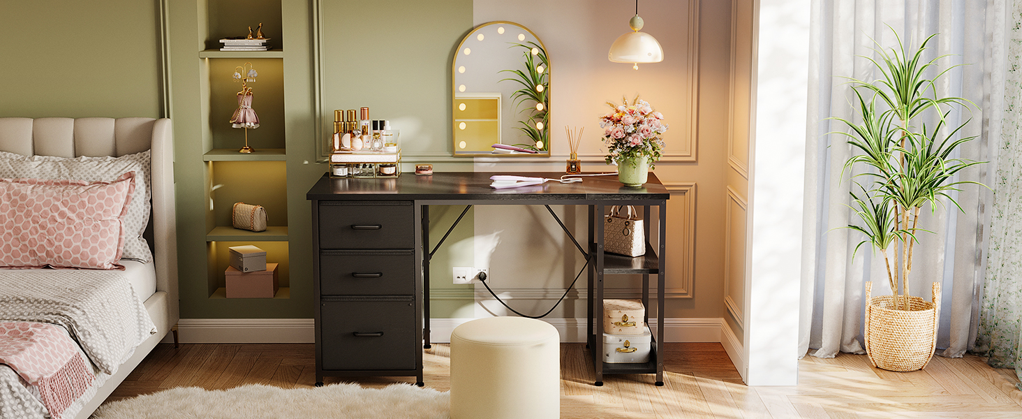 Комп'ютерний стіл Coleshome з висувними ящиками з тканини, 130x48 см. 2 розетки та 2 USB-порти для зарядки. Стільниця з полицею, реверсивний офісний стіл для дому та офісу (Чорний, 130x48x75.7 см)