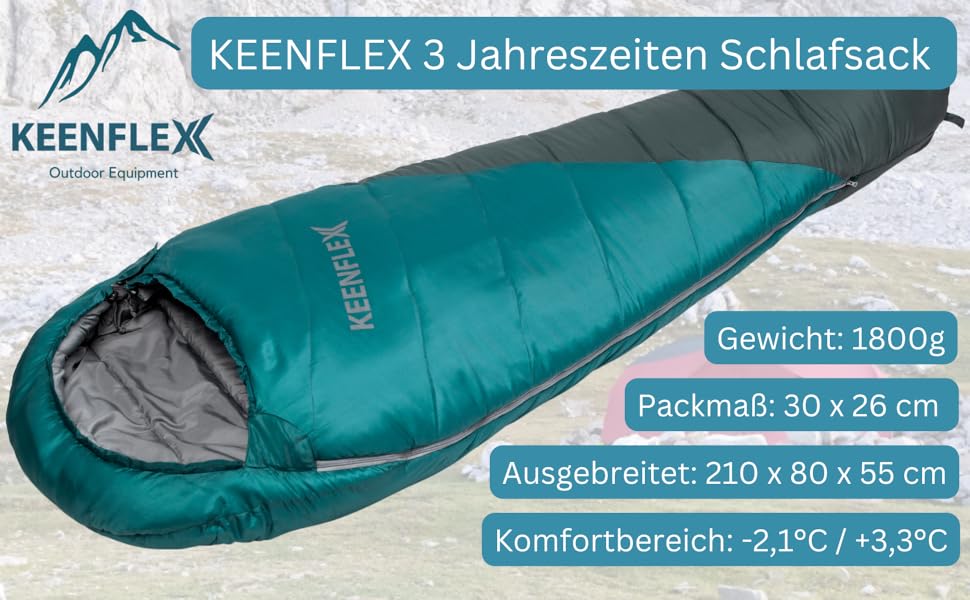 Спальний мішок KeenFlex 3-4 сезони, +7.2°C до -23.4°C, 1500/2150 г, для кемпінгу, літній та зимовий, машинне прання
